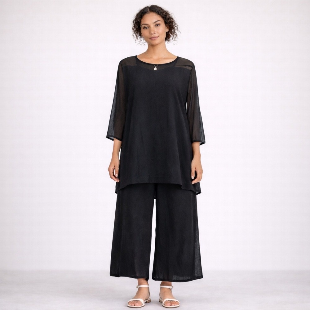 Eileen Fisher Black 100% Silk Georgette Sheer Yoke Shift Dress XXS Oversized